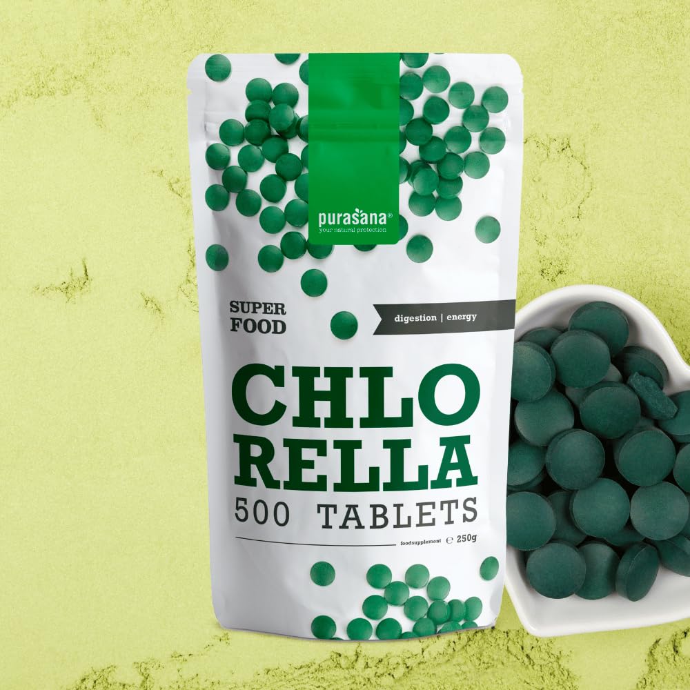 Purasana® Chlorella Biologique Pure Bio, 500 comprimés, 1500 mg par Dose. Paroi Cellulaire Brisée. Satiété Naturelle. Détox. Protéines Végétaliennes, Chlorophylle Biologique. Energie et Vitalité