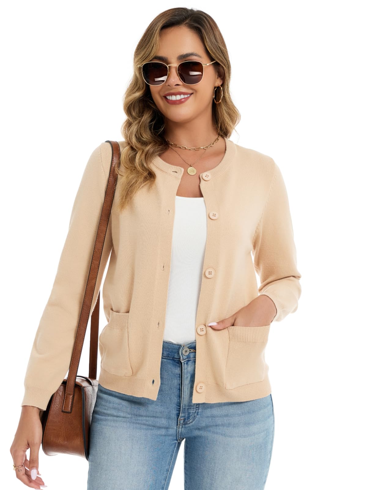 Cárdigan de punto para mujer de manga larga, cuello redondo, corto, de punto fino, con botones, bolsillos, informal, suave y fino