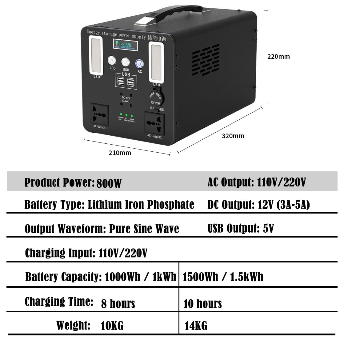 Banco de energía móvil portátil de Gran Capacidad para Exteriores, pequeño generador doméstico Equipado con Toma de Corriente de Onda sinusoidal Pura de 110 V/220 CA (Black800W/1500WH,A)