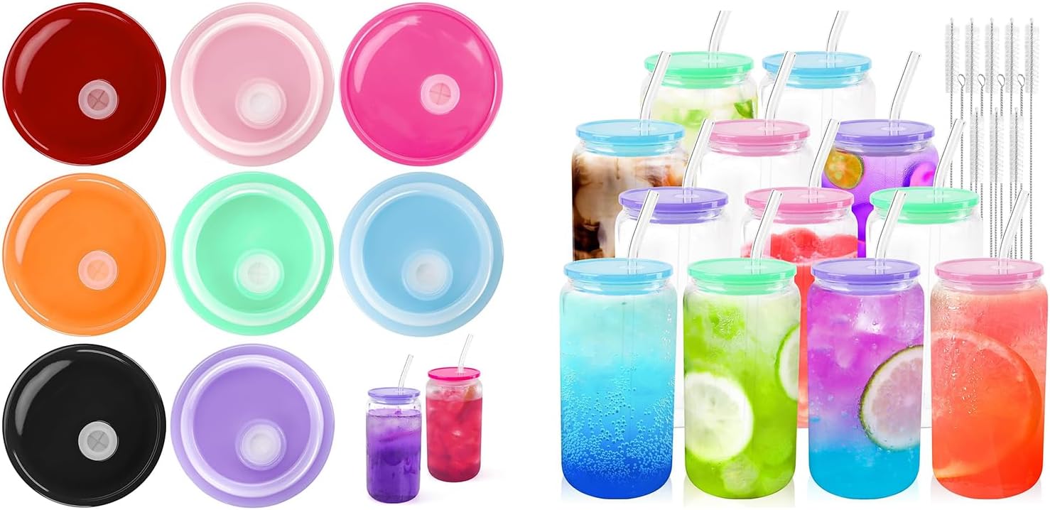 Joyclub Bundle of 8 Pack Acrylic Lids and 12pcs Glass Cups with Acrylic Lids and Straws 16 oz Can Shaped Glass Iced Coffee Cups