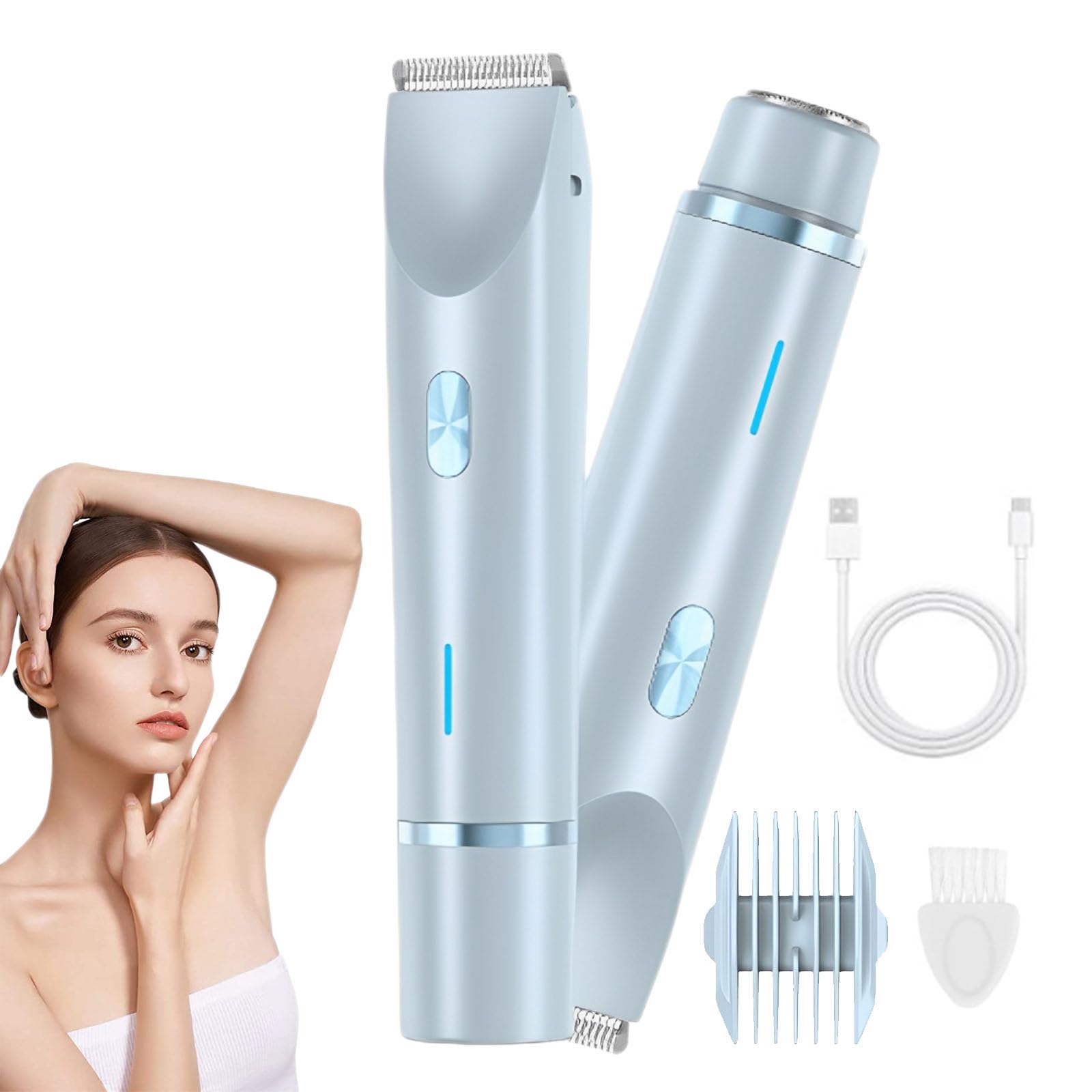 2-in-1 Damen Körperrasierer, Haartrimmer, Doppelkopfrasierer für Damen, IPX7 Wasserdicht, Kabelloser Nass- & Trocken-Bikini-Trimmer (Blau)