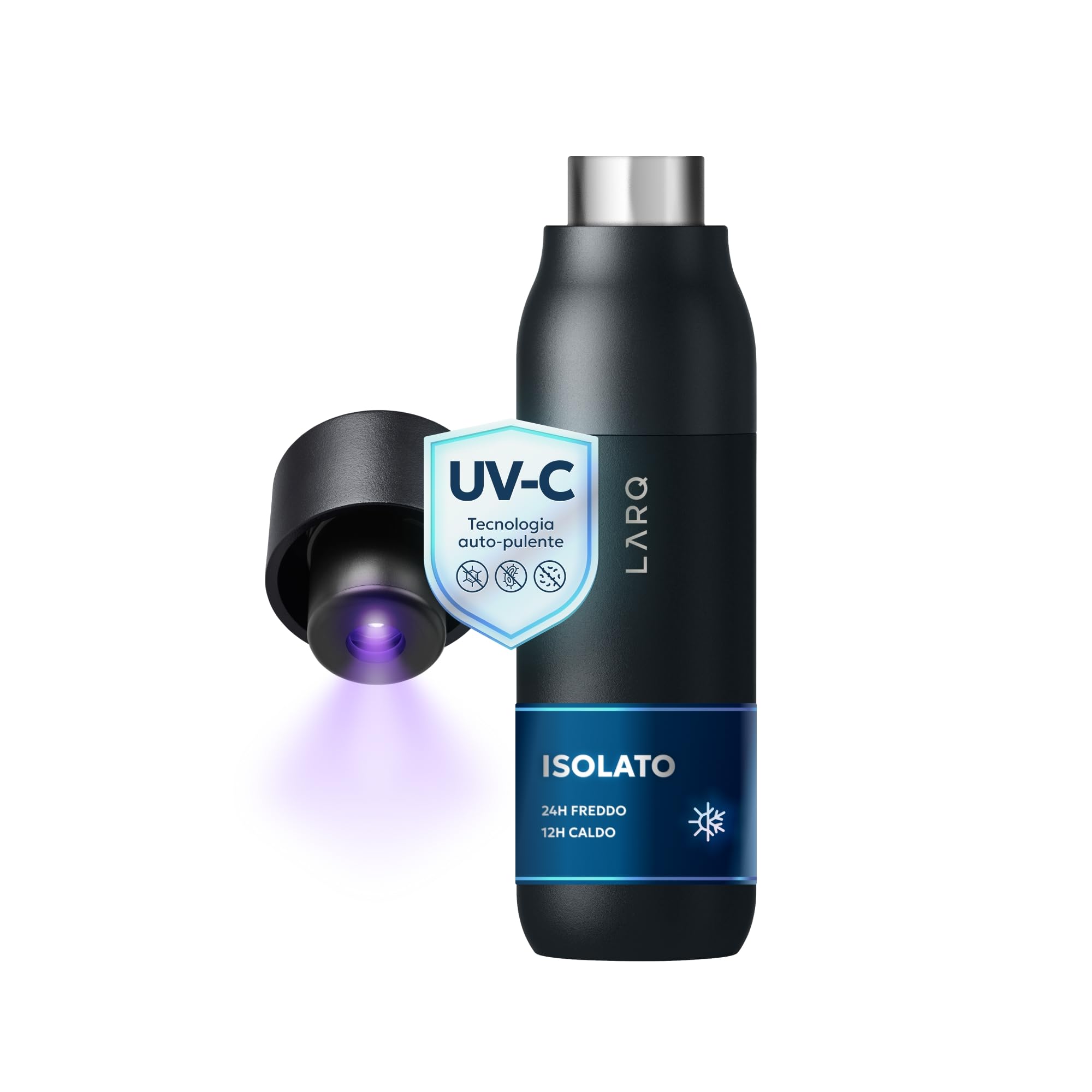 LARQ PureVis 740ml – Borraccia autopulente e isolata in acciaio inox con purificatore UV e design premiato | 24 ore fredda o 12 ore calda | Smart termica, Obsidian Black