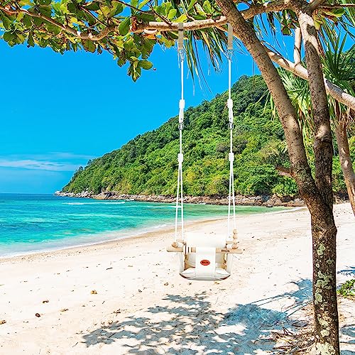 Bbkids Indoor Baby Swing, Canvas Baby Swing, Wooden Hammock Hanging Swing Seat Chair With Safety Belt, Outdoor Kids Toddler Baby Tree Swing, Full Set Of Ceiling Screws. (Cream) #TOP5