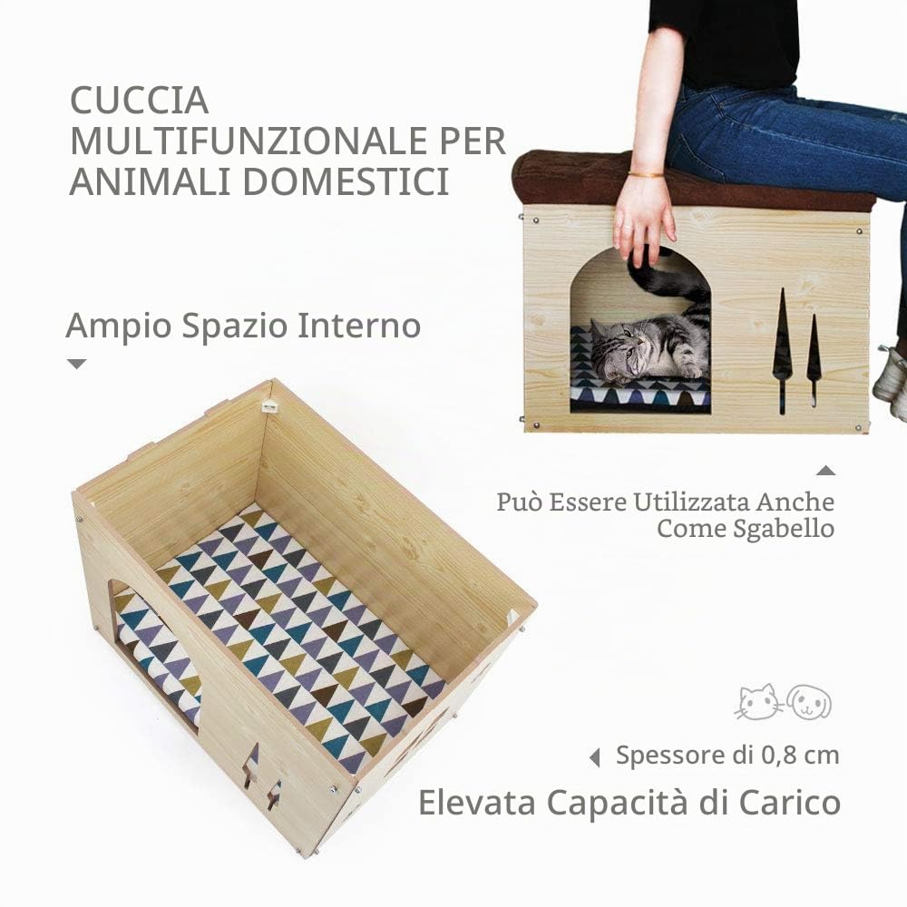 Casa de Madera pour Cane Gatto - Sgabello Casetta per Animali domestici con Cuscino Rimovibile per Cucciolo e Gatto, 57×40×40cm