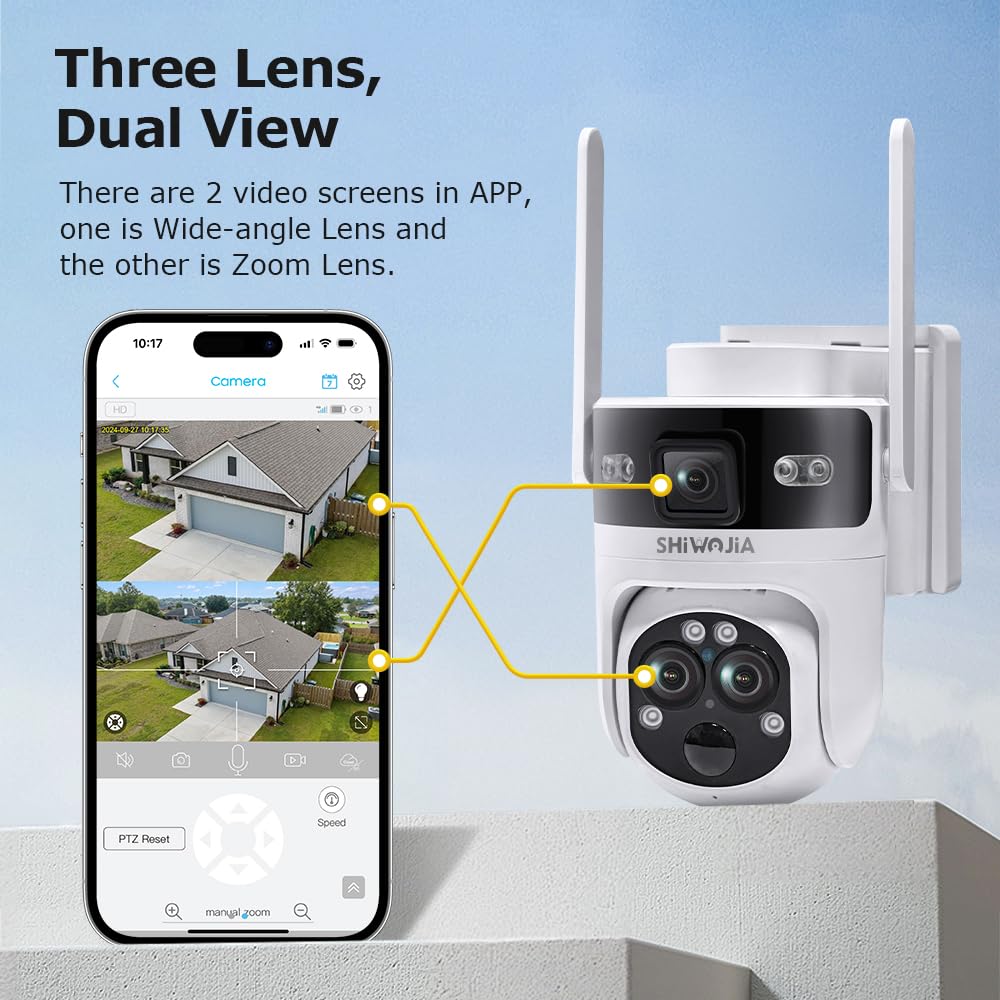 SHIWOJIA Telecamera Wi-Fi Solare 2K PTZ 360° | Batteria Ricaricabile, PIR, Audio 2 Vie, IP65 Per Esterno, Compatibile TUYA