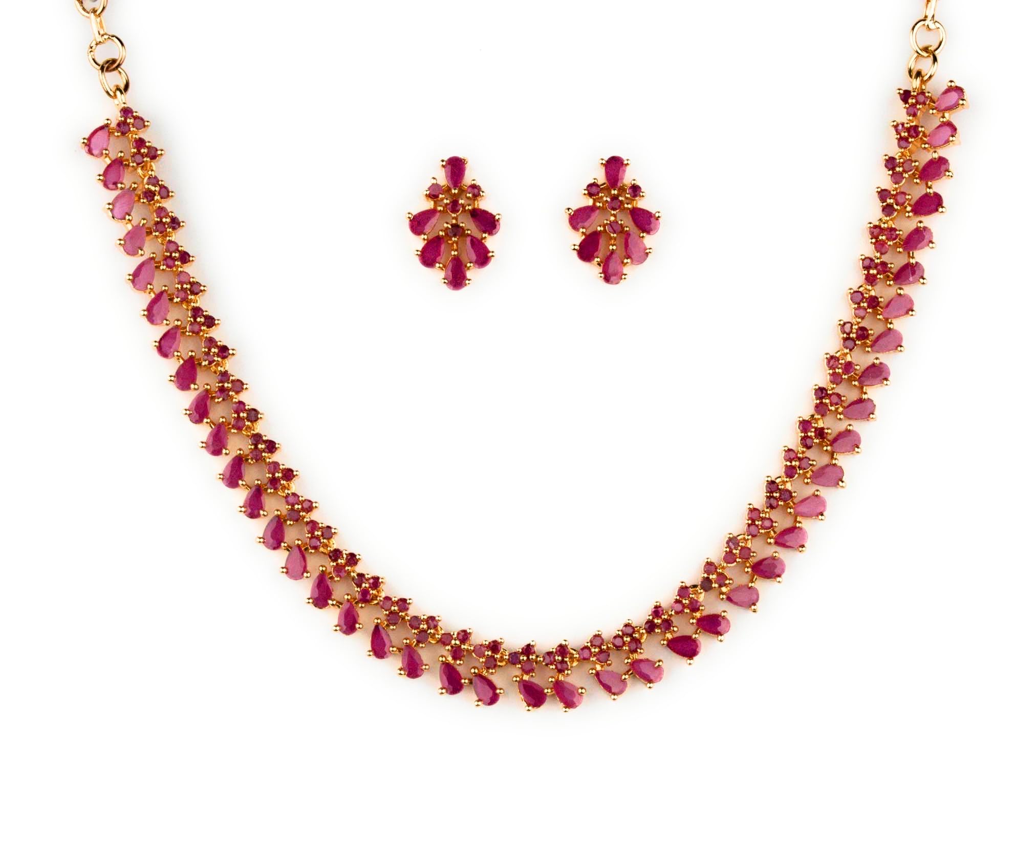Micro Gold Plated American Diamond Ruby stone Studded Jewellery Set-image-2