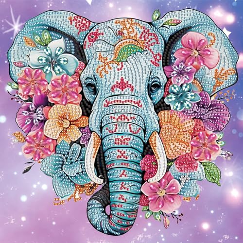 Image of AiYuanzsh Diamond Art Painting Kits for Adults, 5D Special Shape Diamond Art Kits for Beginners, Crystal Rhinestones Diamond Art Painting for Home Wall Decoration Gift 12x12inch, Elephant and Flowers