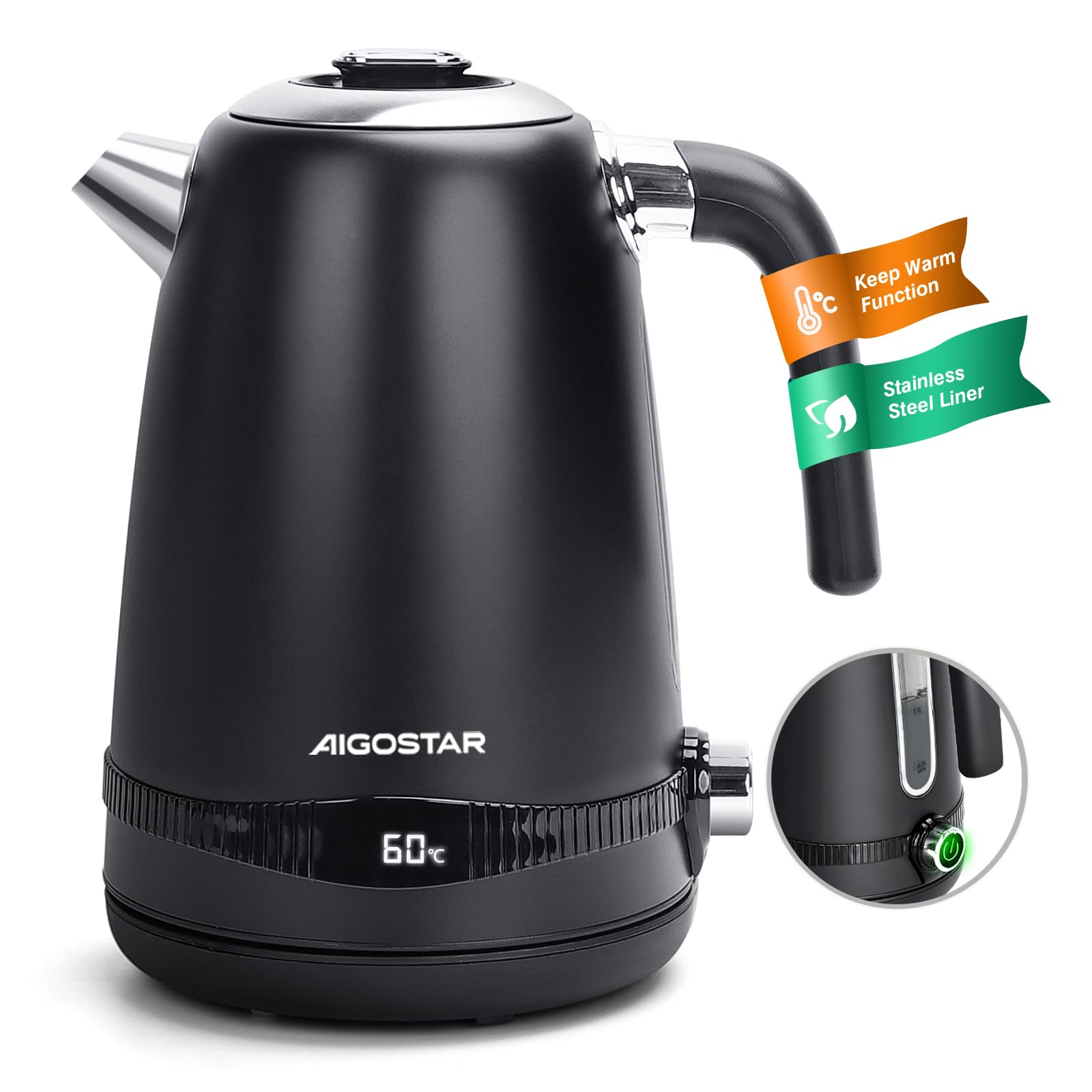 Aigostar Edelstahl Wasserkocher mit Temperatureinstellung, Schwarz Matt