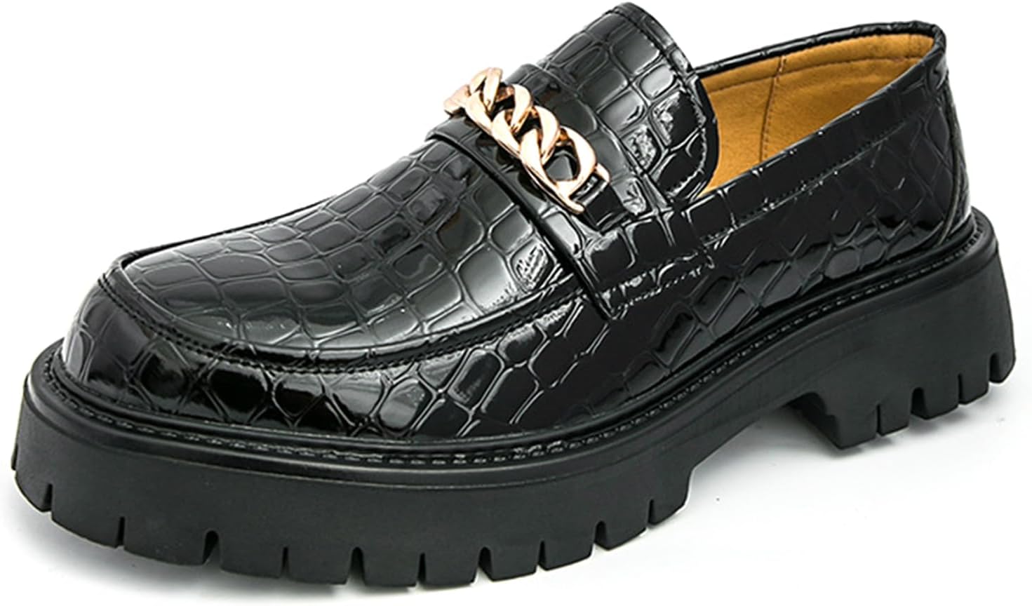 Mens Printed Leather Chain Platform Lug Sole Loafers Vintage Metal Round Toe Thick Sole Non Slip Formal Penny Shoes for Formal Business Work Office Daily