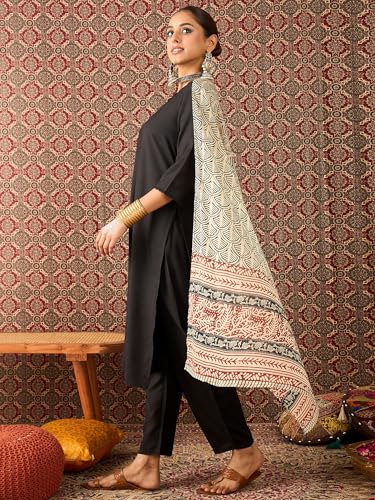 Image of INDO ERA Women's Straight Cotton Blend Solid Solid Kurta & Pant with Dupatta Set (IESTR10631)