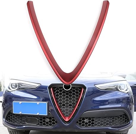 Amazon アルファ ロメオ ステルヴィオ 17 21用 フロント グリル V字型 装飾 保護 フレーム カバー トリム 見栄え エアロ カスタムパーツ 赤 ガーニッシュ 車 バイク