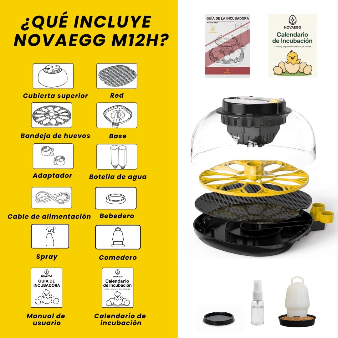 INCUBADORA HUEVOS AUTOMÁTICA Para Todo Tipo De AVES| 12-16 Huevos| Control Automático De Temperatura, Humedad| Incluye Calendario,Comedero,Bebedero y Guía|Sin baterías,alimentación por enchufe 35W