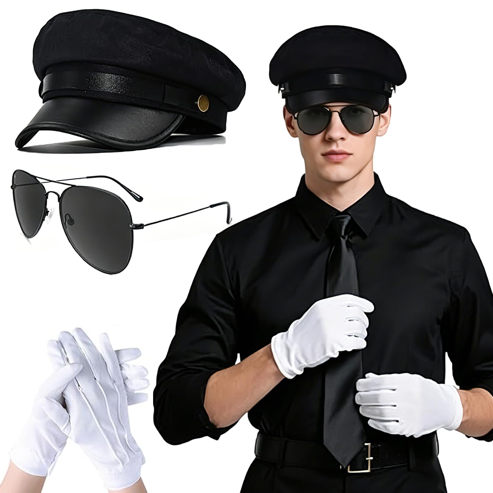 DXPETA Chauffeur Hat, Train Driver Hat, Taxi Driver Accessories, Bus Driver Gloves, 1920s-1980s Themed Parties, Cosplay Costume Set with Three White Gloves and Grey Lens Sunglasses