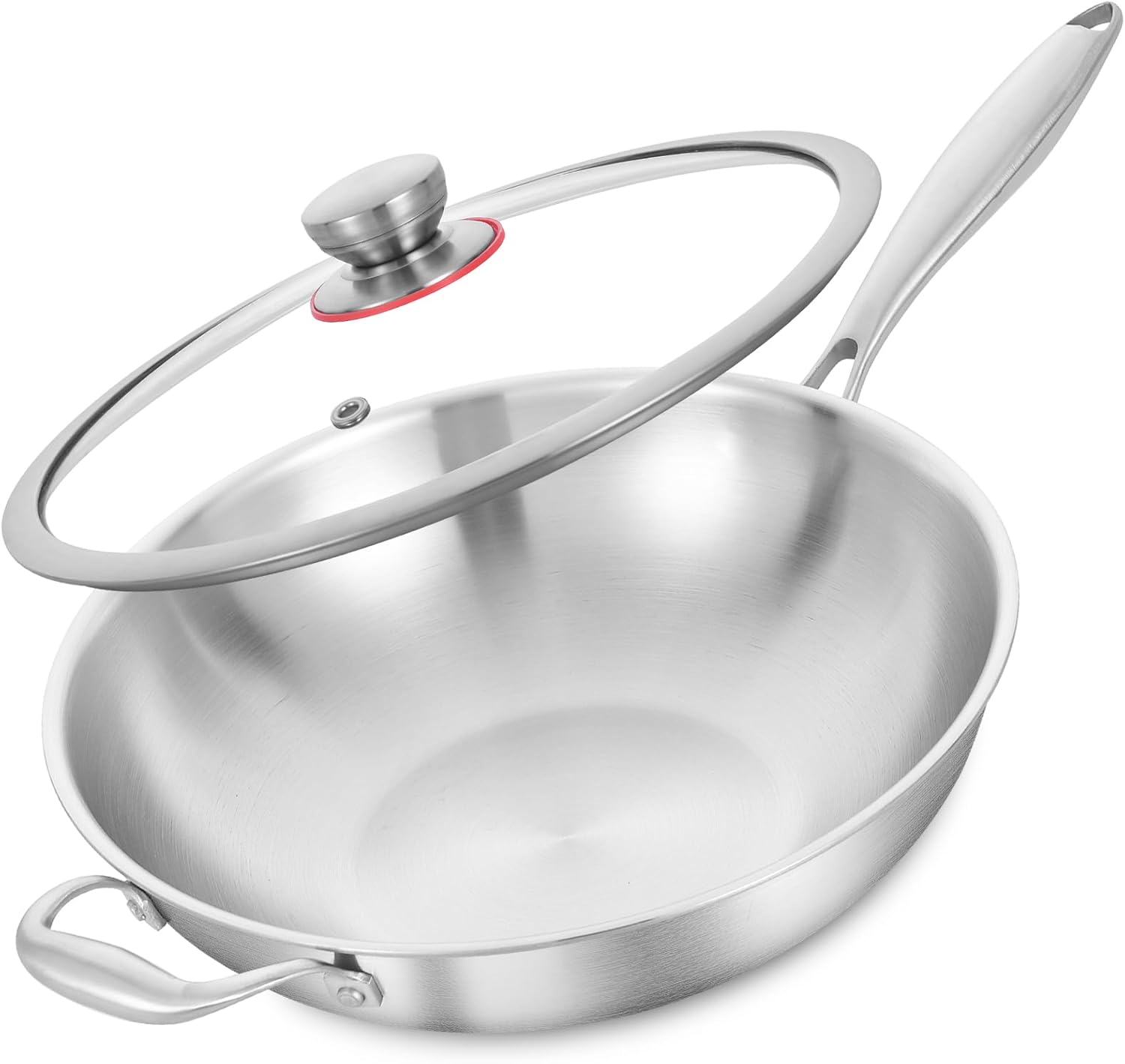 LOLYKITCH Tri-Ply 13 Inch Stainless Steel Wok Pan with Lid, Stir-Frying Pan,Induction Cooking Pan,Dishwasher and Oven Safe,Heavy Duty and Detachable handle. 13-Inch Detachable Handle Stainless Steel