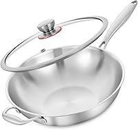 LolyKitch Tri-Ply 13-Inch Stainless Steel Wok Pan with Lid - Induction Ready, Dishwasher/Oven Safe, Detachable Handle