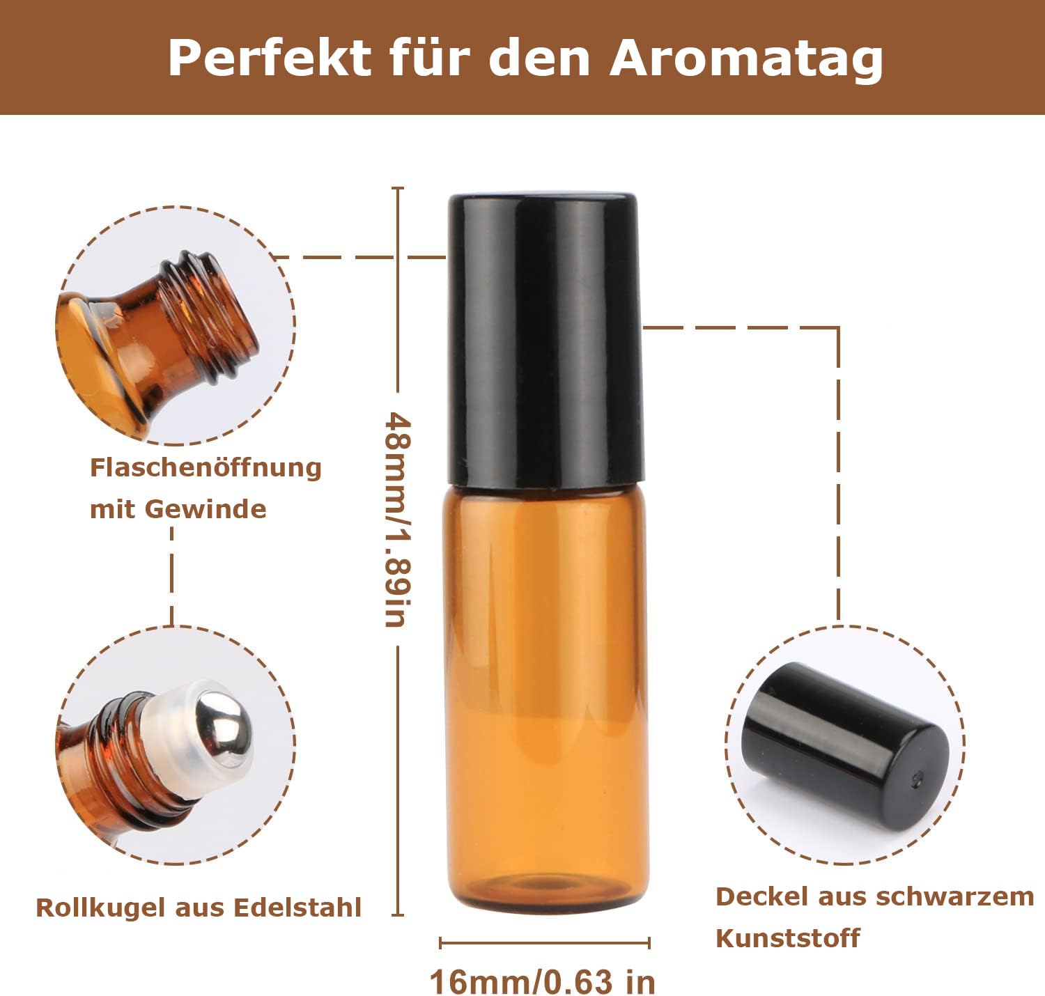 Voarge 24 bottiglie vuote in vetro roll-on da 5 ml, con scooter, marrone ambra, per oli essenziali, lozioni, profumi, marrone