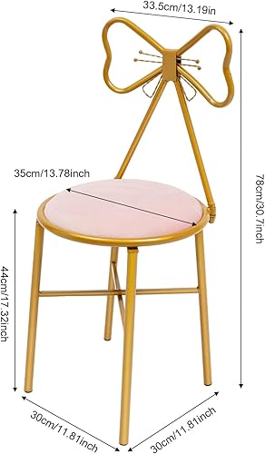 Miniatura 3 de Silla de maquillaje de mariposa rosa, cojín de terciopelo con marco de metal dorado profundo, silla de descanso con respaldo de lazo y cojín de