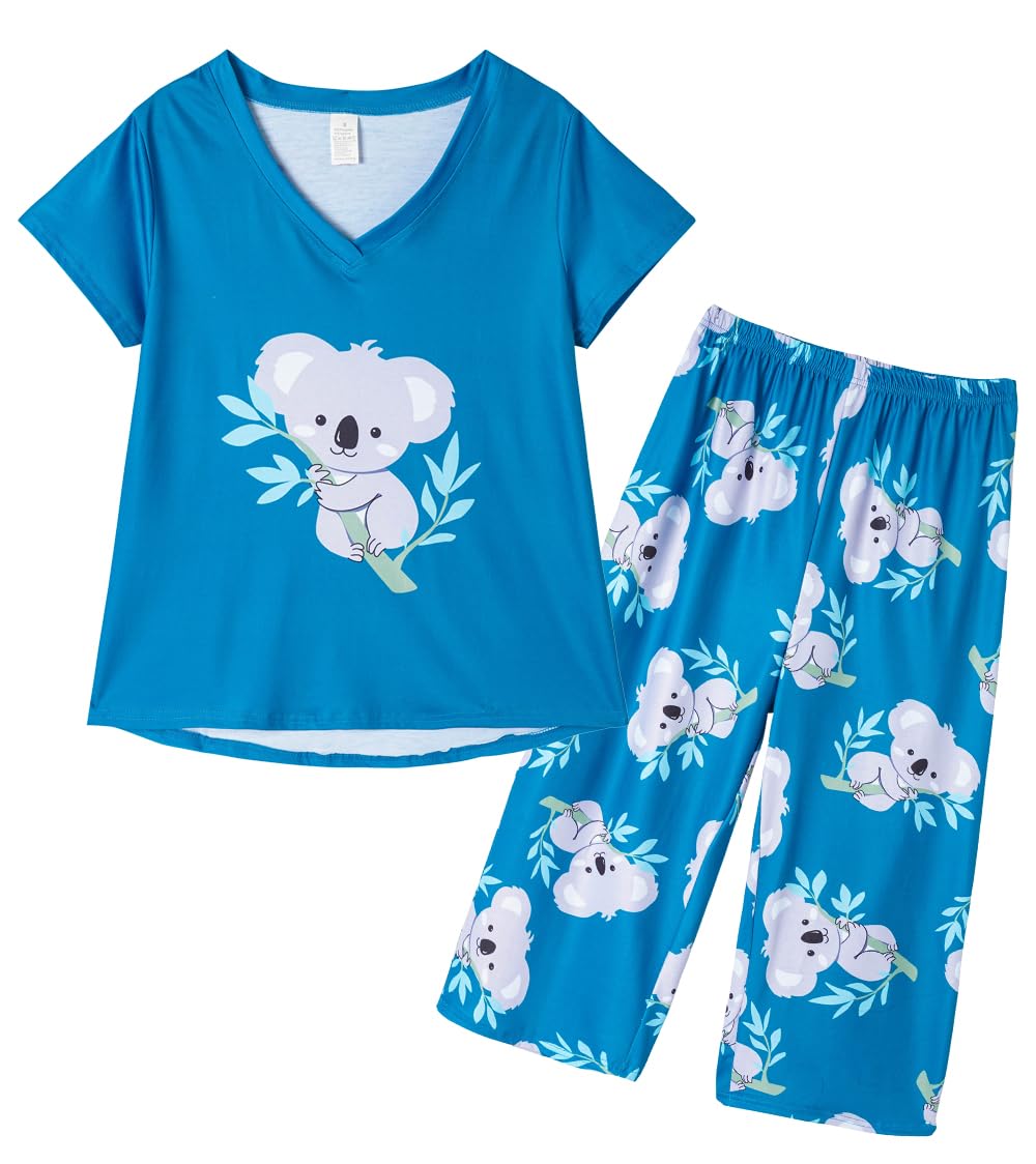 YIJIU Women Soft Comfy Pajamas Cute Cat Short Sleeve Capri Pants PJS Set Large Blue Koala