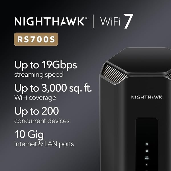 NETGEAR WiFi 7 Router Nighthawk Tri-Band WiFi 7 (RS700S) - security features, Wireless BE19000 speed (up to 19 Gbps) - 10gb Internet port - 2