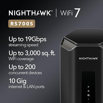 NETGEAR WiFi 7 Router Nighthawk Tri-Band WiFi 7 (RS700S) - security features, Wireless BE19000 speed (up to 19 Gbps) - 10gb Internet port