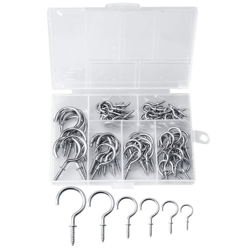 Nuoshen Silver 75 Pieces Multi-Size Ceiling Hooks,Nickel Plated Metal Screw-In Ceiling Cup Hook