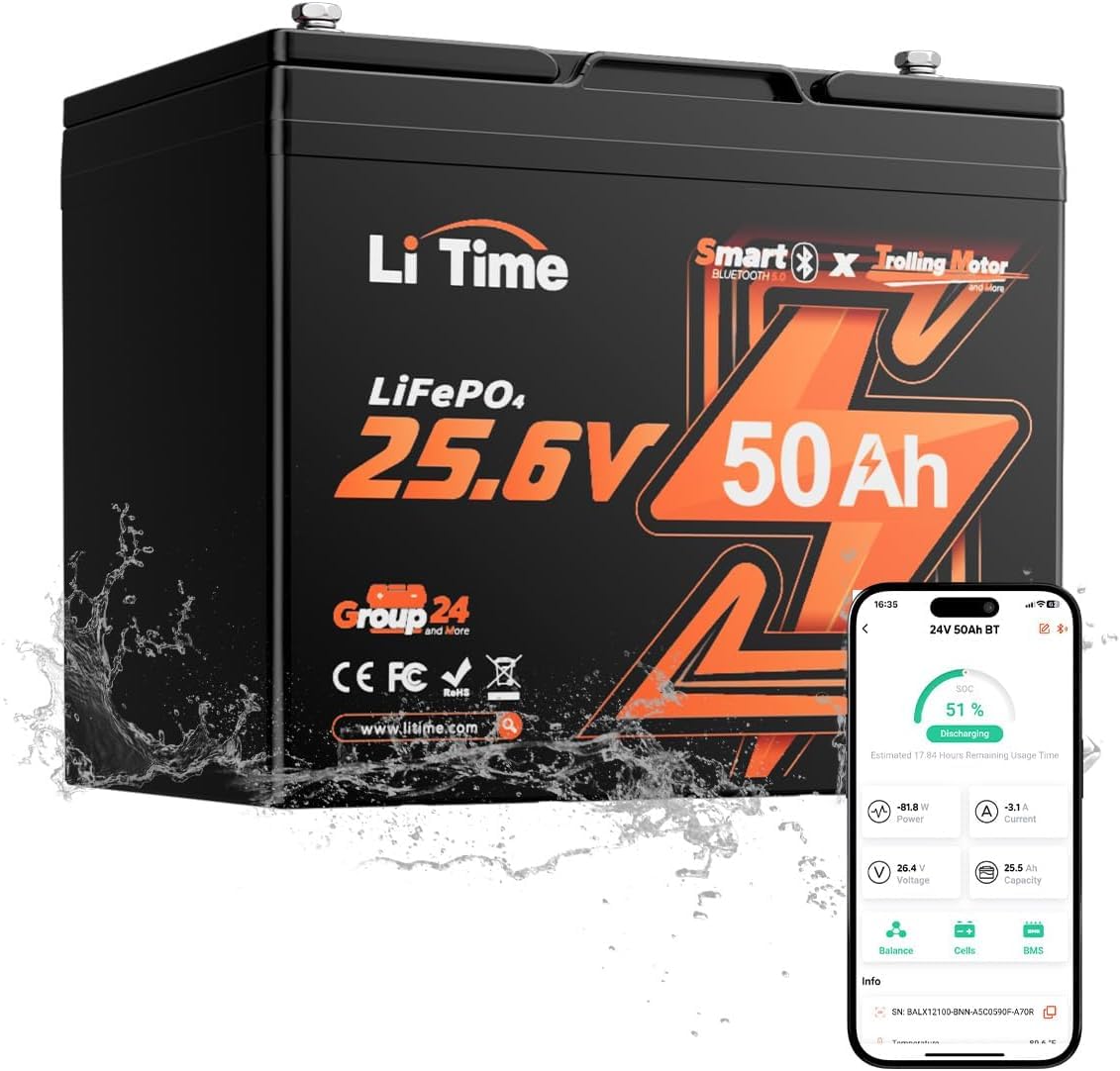 LiTime Batteria Litio 24V 50Ah LiFePO4 per Motore Elettrico Barca, Pesca | Bluetooth, BMS 50A, Max 15000 Cicli, Energia 1280Wh, IP65, Protezione Basse Temperature, Max 4P4S, per Barche, Nautica