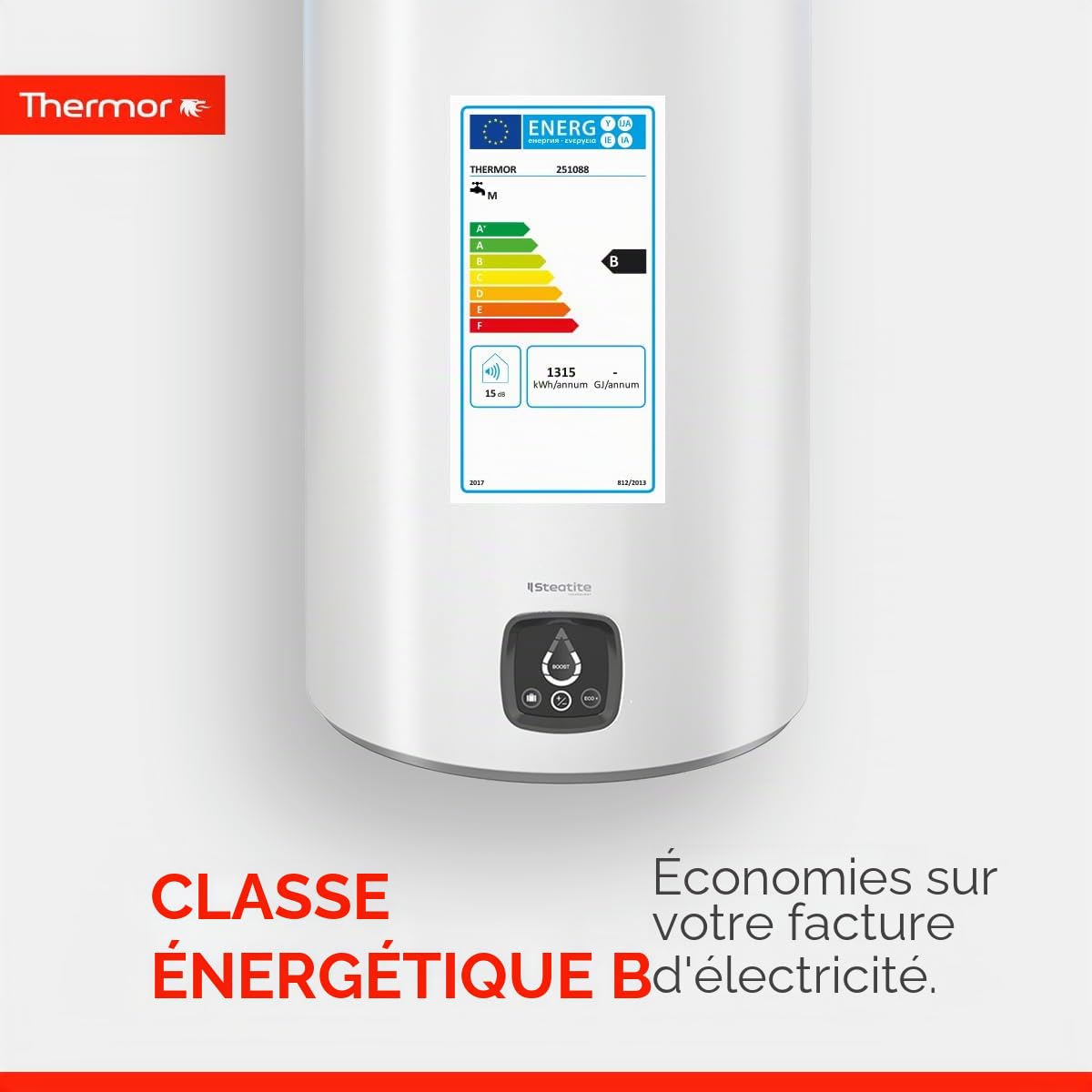 Thermor Chauffe-eau électrique céramique numérique 100 l, 1800 W, céramique anticalcaire, installation facile, classe d'efficacité énergétique B