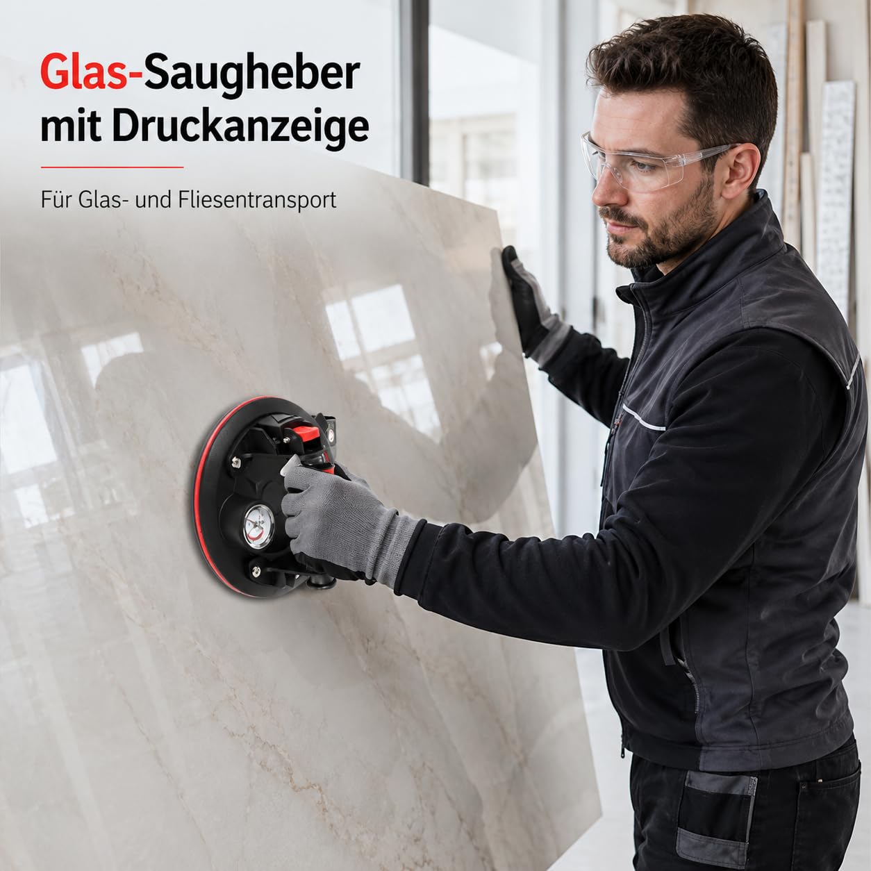 2er-Set 8" Saugheber mit Manometer Fliesenheber Glassauger für Fliesen, Glas, Marmor, Vakuum Saugheber Hand-Glasheber Max.200KG