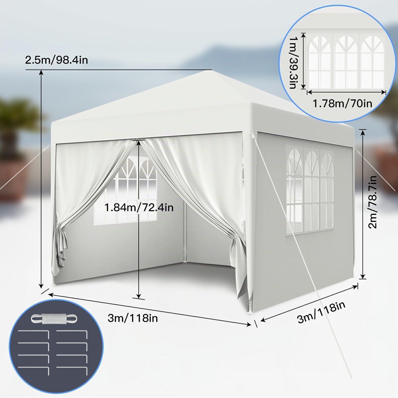 Tonnelle de Jardin 3x3M,Tente Réception,Tente de Campingavec Fenêtres、Parois Latérales，Imperméable,Anti UV，Résistant au Vent Auvent,Barnum pour Camping Festival Plage,Blanc