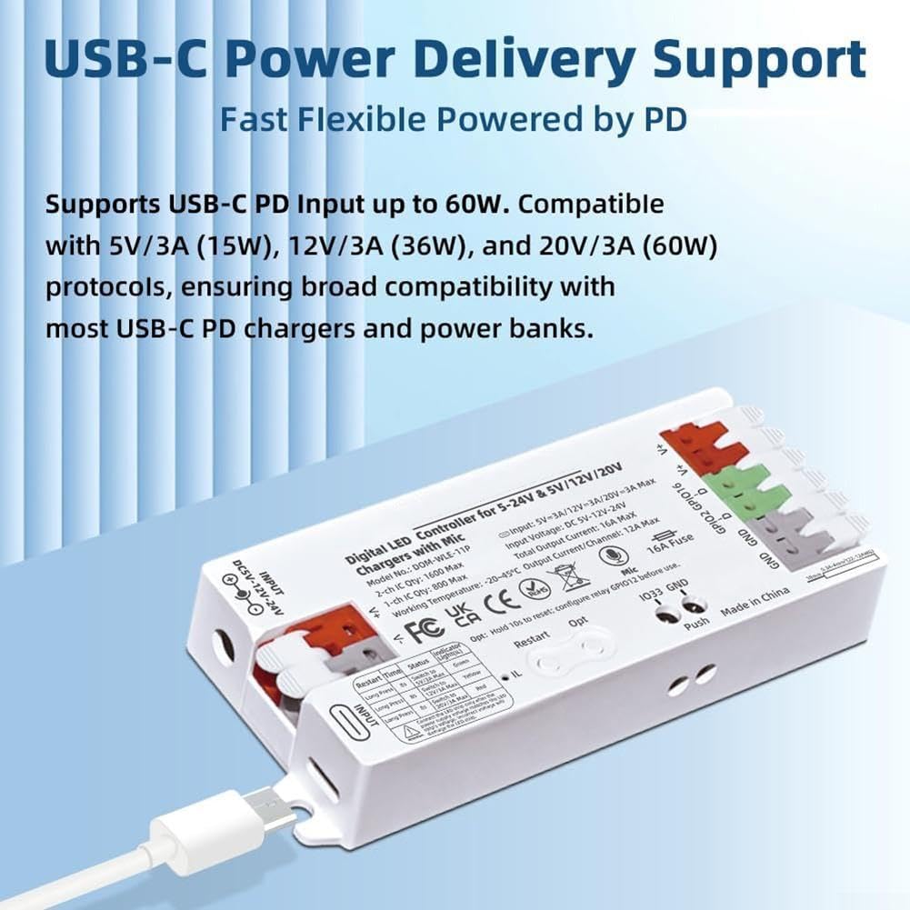 Per ESP32 per controller WLED per USB-C 60 W per strisce LED