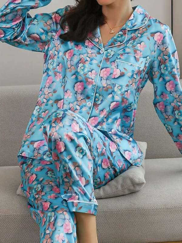 Image of Night Suit for Women with Full Sleeve Button-Down Top with Pant Dress for Woman, Night Dress for Woman, Cotton Two-Piece Loungewear Set