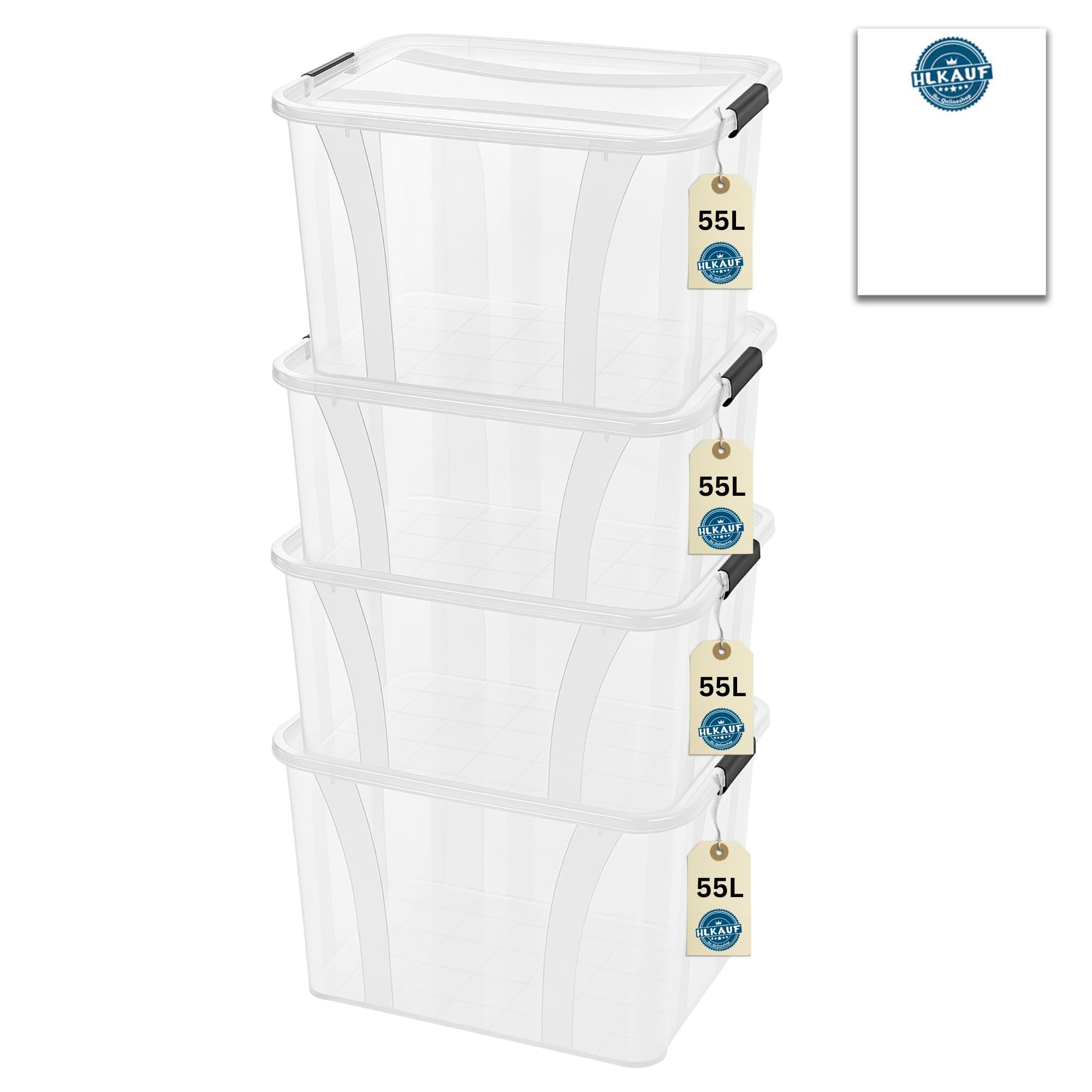 Aufbewahrungsboxen 4x 55Liter mit Deckel, lebensmittelecht - Verschlussclips - 100% Neumaterial Plastik-Box transparent - Kleiderboxen stapelbar & HLKauf-Block
