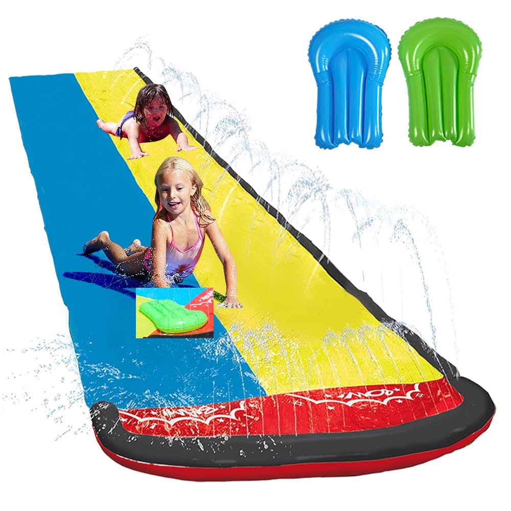 KBIBCK 15.7ft/480cm Water Slide, Lawn Water Slides for Kids with 2 Racing Lanes and 2 Body Boards, Slip and Slide Water Slide, Water Slide Mat, Double Slip Water Slide with Sprinkler for Kids, Adults