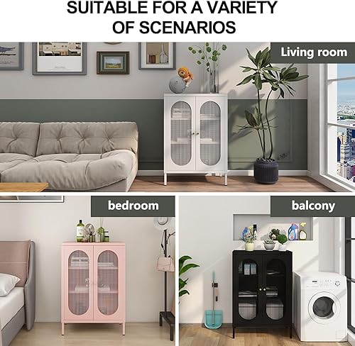 Miniatura 18 de Armarios decorativos de metal rosa con 2 estantes ajustables, armario de almacenamiento de metal de 3 niveles con patas, armarios de acero para