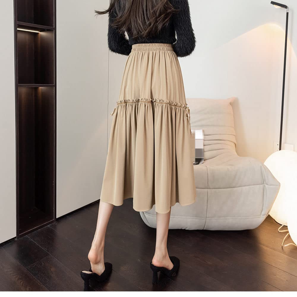 Gonna Lunga Invernale, Gonne per Le Donne Vita Elasticizzata Allacciatura Kaki Design Casual Gonna A Vita Alta A Trapezio Gonne Invernali Chic per Ragazze da Donna Gonna Ampia A Balze A Pendolo
