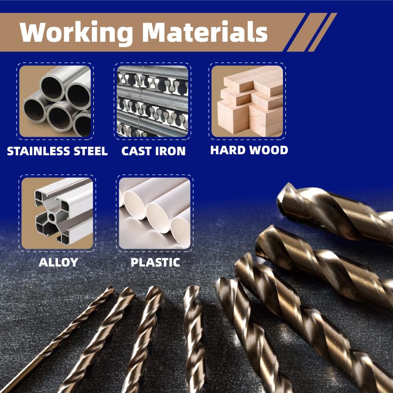 Miniatura 4 de Juego de 29 brocas de cobalto M35, brocas helicoidales HSS con punta dividida de 135 grados y vástago de tres planos, vástago reducido de 38