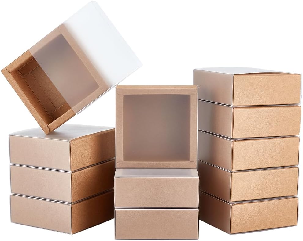 BENECREAT 16 Packs Kraft Paper Gift Boxes, Square Brown Drawer Boxes with PVC Windows Cover 3.8x3.8x1.45 for Party Favor Treats, Bakery, Jewelry, Proposal Gift Packaging