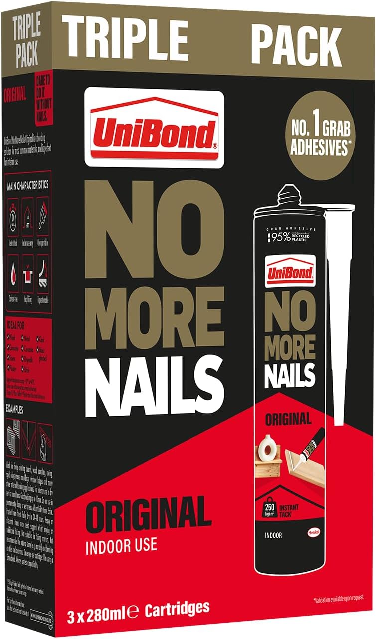 UniBond No More Nails Original, Heavy-Duty Mounting Adhesive, No Nails Strong Glue for Wood, Ceramic, Metal etc., White Instant Grab Adhesive, Pack of 3 (3 x 365g Cartridges)
