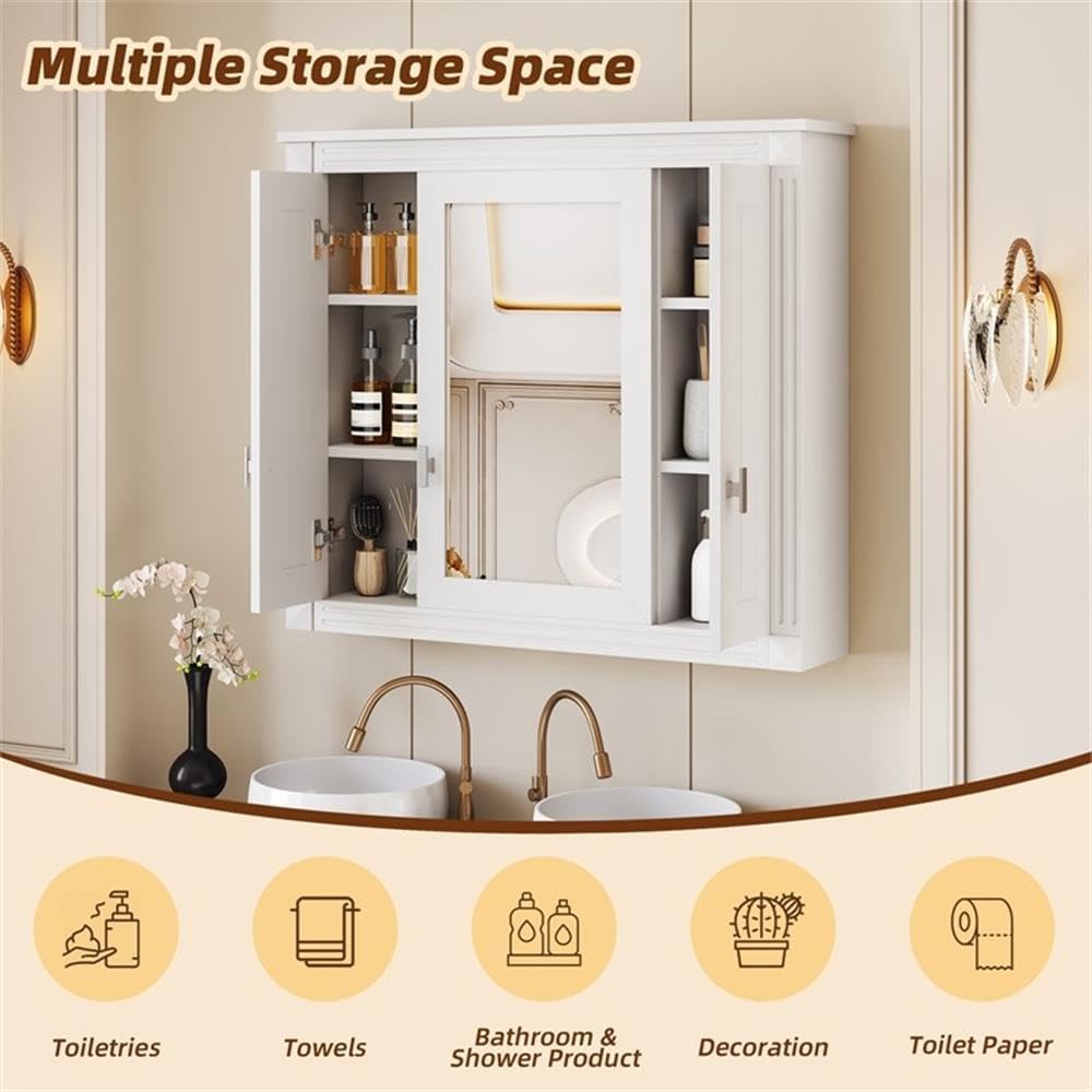 Pemberly Row Wall Mounted Medicine Cabinet, White Wood, 34.4" W x 28.74" H x 7.13" D, 4 Shelves, Adjustable Storage, Waterproof Finish, High-Definition Mirror, Moisture-Resistant MDF for Bathroom or