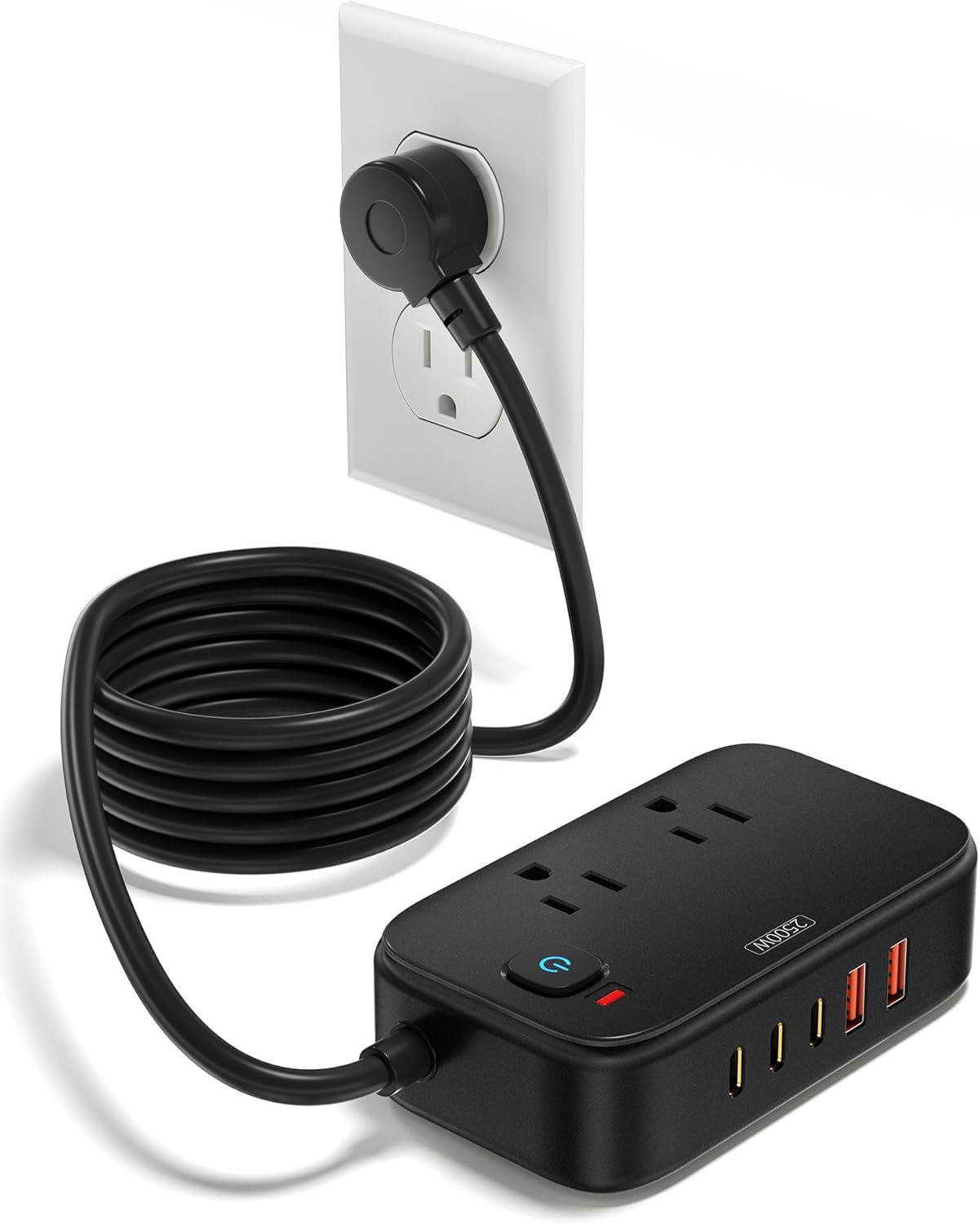 Power Strip with USB C - 40W Charging Station with 2 Outlets 3 USB C & 2 USB A - Charger for Multiple Devices, 5Ft Flat Plug Extension Cord for Travel Cruise Ship Office Dorm (Black)