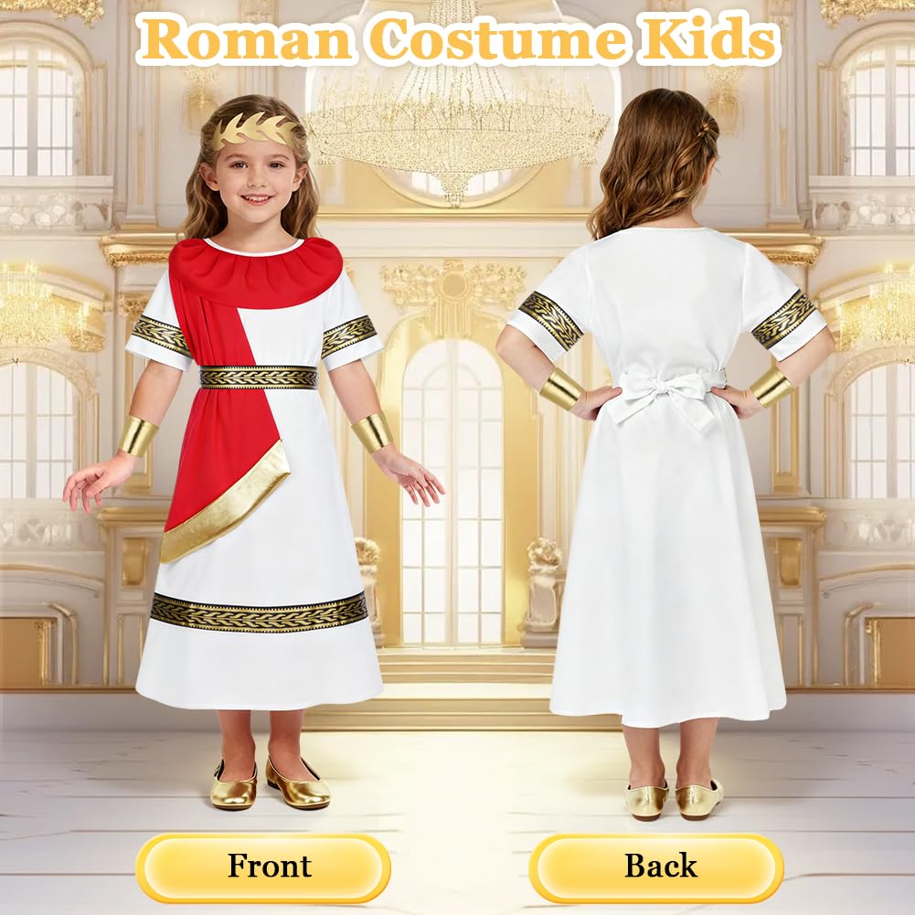 BSBUY Ancient Roman Greek Costume Girls Kids White Red Greek Goddess Long Robe Roman Toga Fancy Dress Costume Roman Dress Up Outfit with Belt Headband Wristband for Halloween World Book Day(120) - Image 4