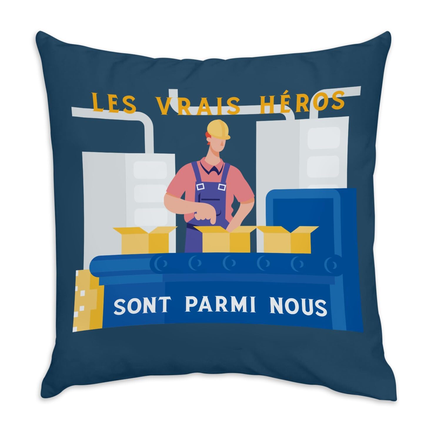 Coussin en velours bleu Les Vrais Héros Ouvrier pour déco salon 40x40cm
