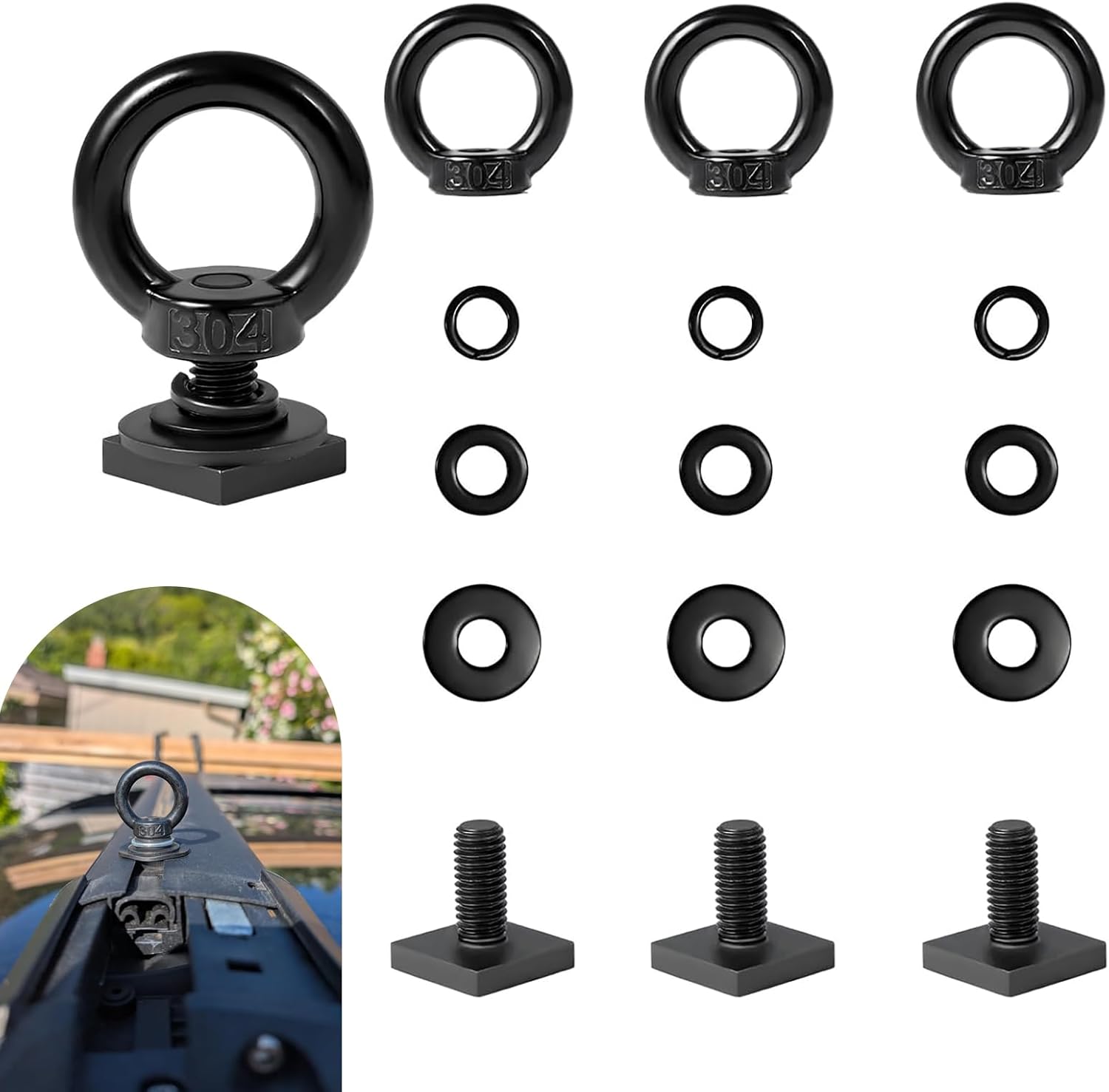 4PCS T Track Mount Tie Down Anchor for Roof Rack, M8 Sturdy Stainless Steel T Slot Bolt Tie Down Rings Anchoring Kit, Use for Holding Bungee Cord, Ropes (Black)