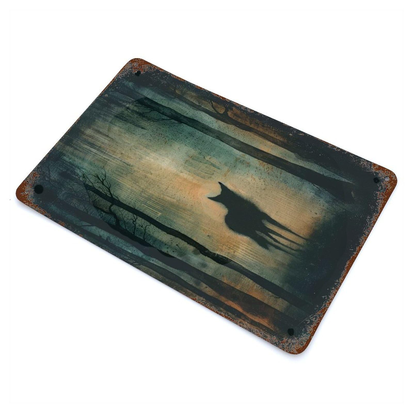 Aged Metal Wall Plaque with Shadowy Dingo in The Woods Design 11.8"x7.9", for Garage, Bar And Workshop Decor, Rustic Home Decor