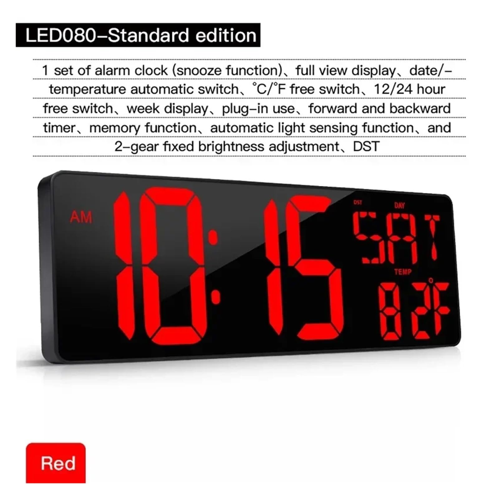 42 cm duży ekran LED cyfrowy zegar z wiecznym kalendarzem, jaość regulowana temperatura wyświetlacz daty tydzień budzik z RE(Red Black)