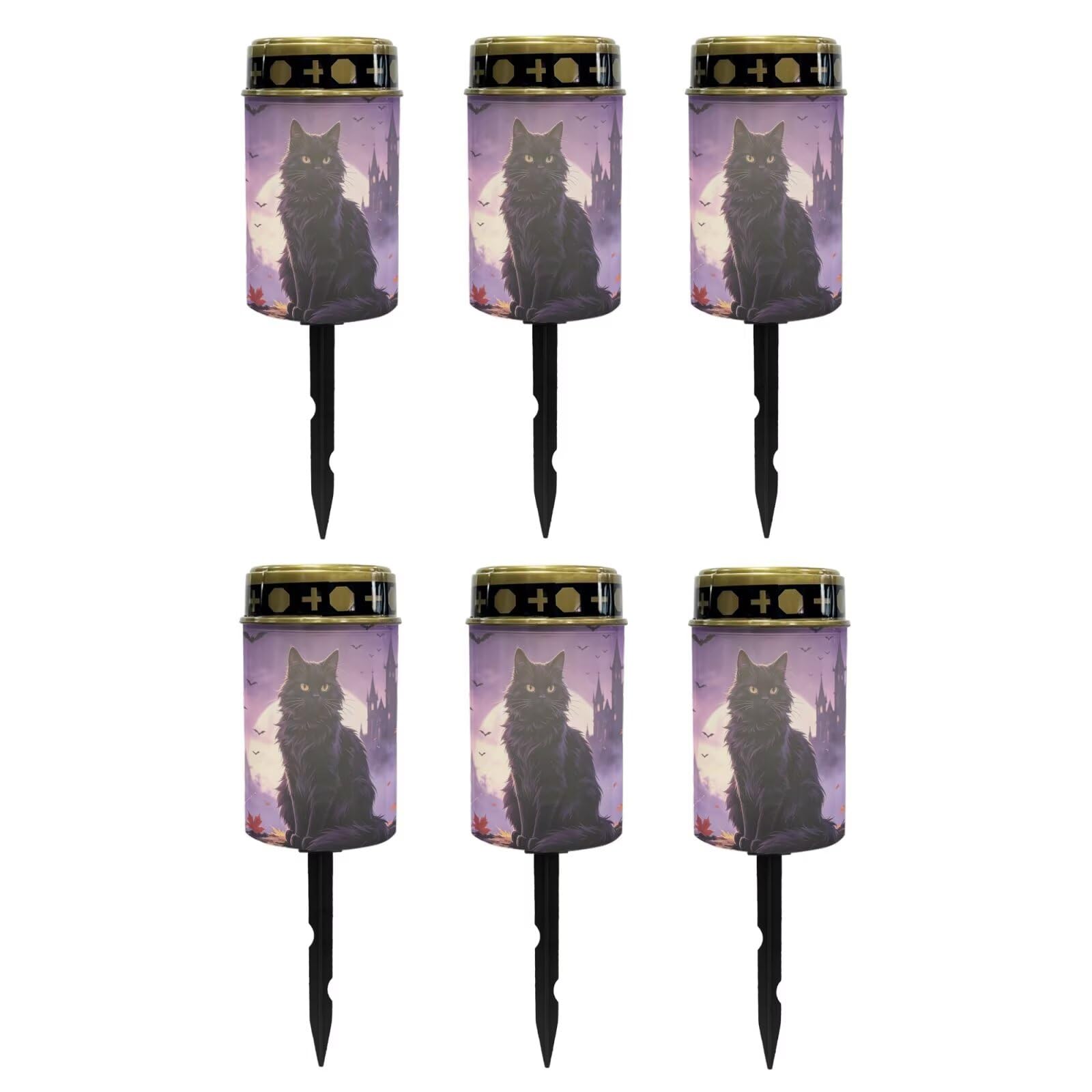 Poceacles Solar Lights Outdoor Waterproof Cemetery Solar Outdoor Candle Grave Decoration Votive Candles Blessed Lights for Loss of Loves One, Black Cat Maple Leaf Bat Print Violet, Pack of 6