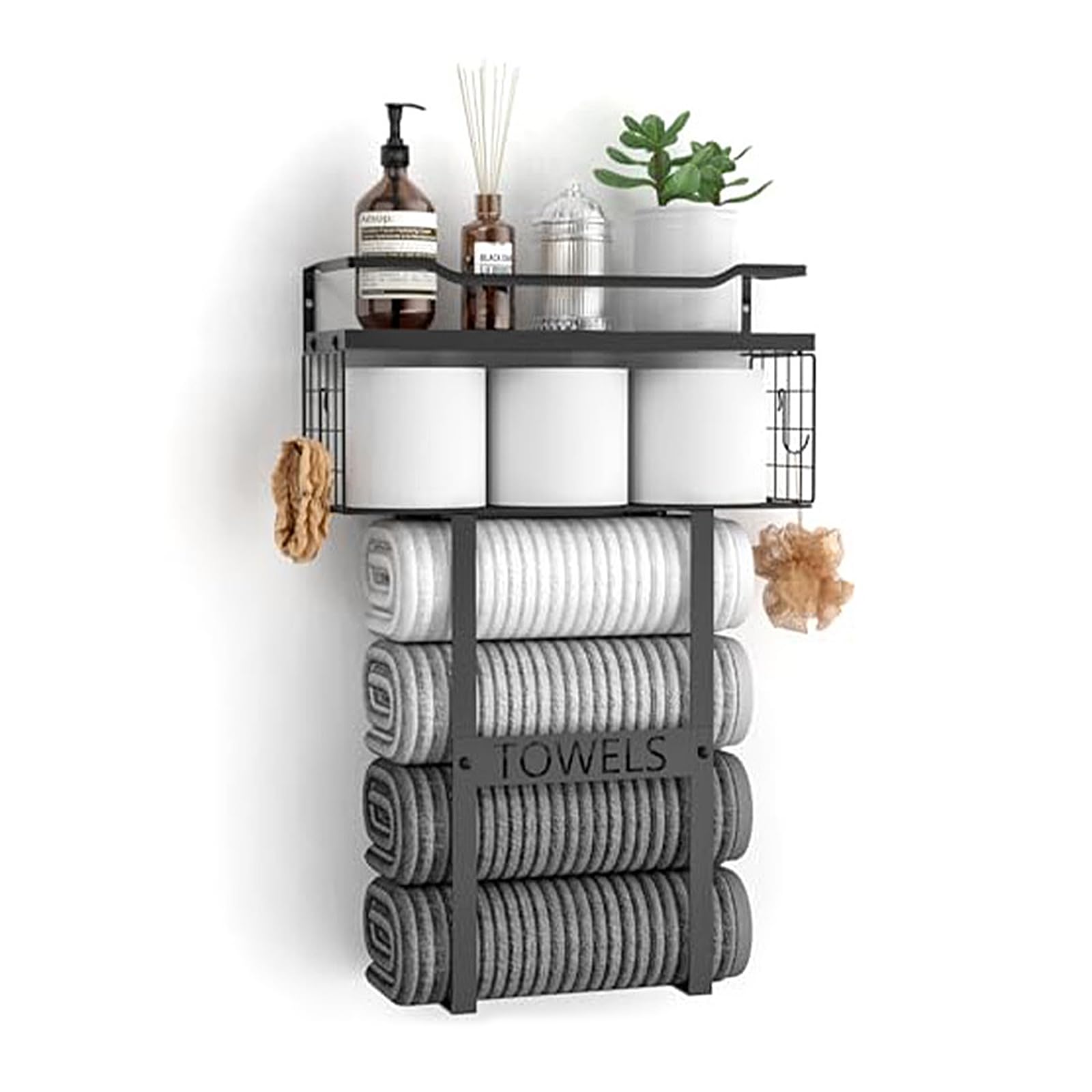 LMYSXAOZ Towel Rack Wall Mounted Black - Bathroom Storage Holder with Shelf, Space Saving Rail for Small Bathroom, Toilet, Shower, 3-Tier Organizer