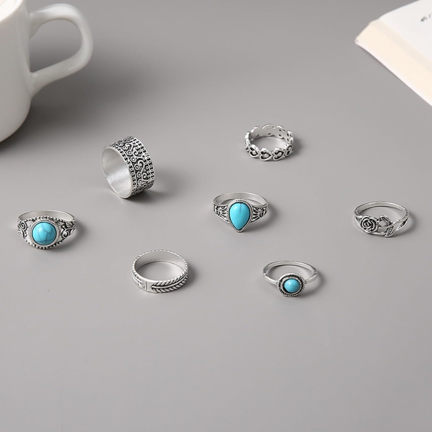 Bohemian Turquoise Ring Set for Women,Vintage Joint Knuckle Stackable Rings Oval Gemstone Ring Chunky Stone Crystal Midi Finger Ring Pack Western Jewelry - Image 5