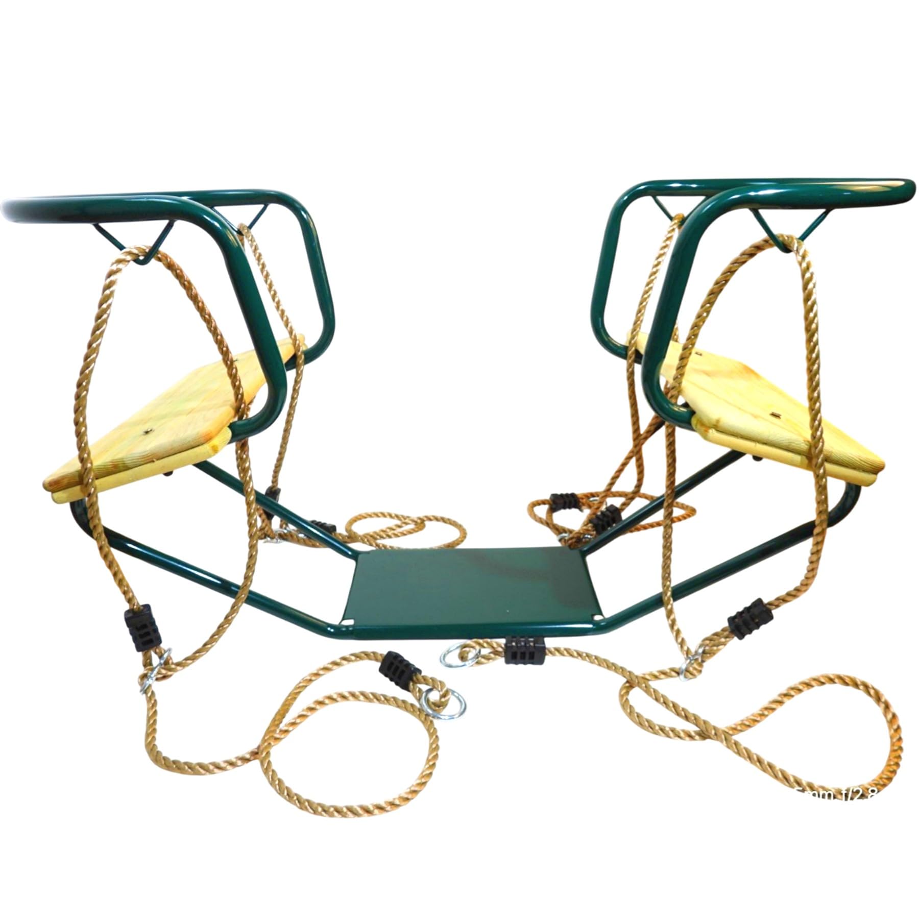 Columpio doble de metal verde para 2 niños – Balancín cara a cara con asientos de madera, cuerdas ajustables 1,1 – 2 m, resistente a la intemperie, soporta hasta 70 kg, columpio doble para jardín