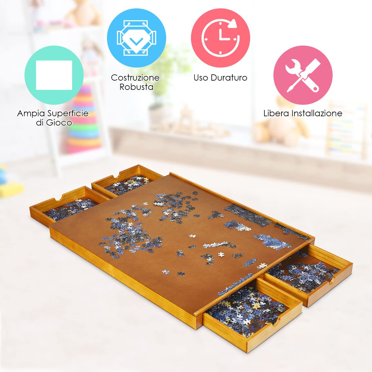 RELAX4LIFE Tavolo per Puzzle in Legno con 4 Cassetti, Porta Puzzle Leggero e Portabile con Maniglie scanalate, Bambini e Adulti, 65 x 80 x 6,55 cm
